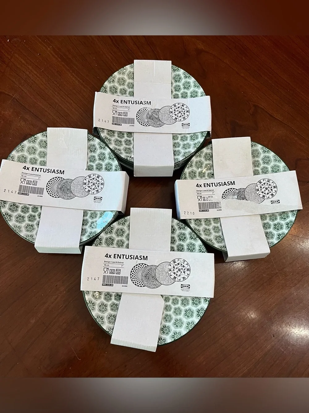 NEW Set of 8 IKEA Entusiasm Green & White Patterned Side Plates Discontinued NWT